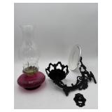 Cranberry Oil Lamp w/ Etched Glass Globe