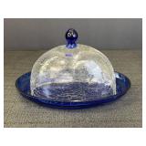 Cobalt blue & clear crackle glass oval butter dish