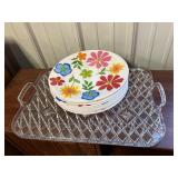 Clear plastic serving tray & 11 melamine plates