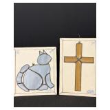 Frank Boilini stained glass cat & cross, 6.5 & 7in