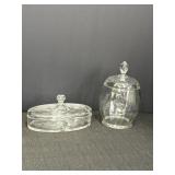 Clear etched glass covered oval dish & lidded jar.