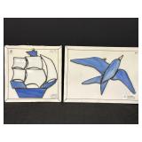 Frank Boilini stained glass boat & bird, 6 x 6 &
