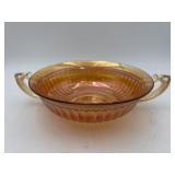 Marigold Carnival Glass Ribbed Handled Bowl