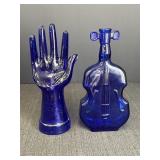 Vtg cobalt blue glass hand & violin decanter,