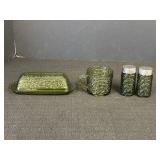 Green Glass Butter Dish, Cup, Salt & Pepper