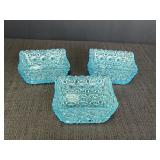 3 Daisy & Button aqua blue glass square dishes,