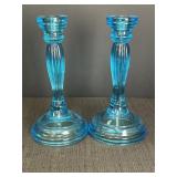 2 Aqua blue pressed glass candlestick holders,