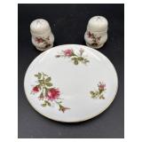 Porcelain Salt & Pepper shakers w/ Saucer