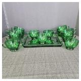 Vintage Forest Green Glass Cups and Serving Tray