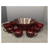 Ruby red glass punch bowl and 8 cups