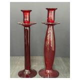2 ruby red glass candlesticks, 11.75 & 12in tall,