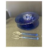 cobalt blue glass bowl & plate, & pair of glass