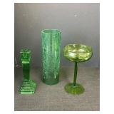 2 Green Glass Candle Holders & 12" Hurricane