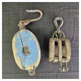 2 Antique Wooden Block and Tackle Pulleys