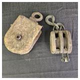 2 Antique Wooden Block and Tackle Pulleys