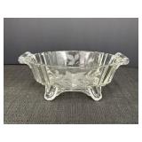 Footed glass oval bowl w/ handles & etched leaf