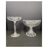 2 clear glass pedestal compotes.  Cut Glass