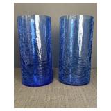 2 cobalt blue crackle glass 10in vases, 5in dia.,