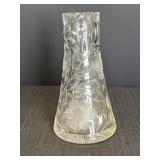 Heavy cut glass vase w/etched floral design &