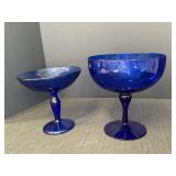 2 cobalt blue stemmed glass bowls, also referred