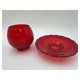 Red Glass Candle Holder & Candy Dish