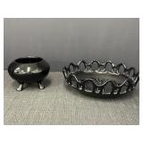 Black glass tri-footed bowl & open lace edge bowl
