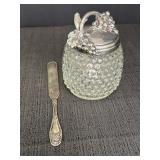Hobnail glass jelly jar w/silver-plated grape