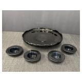 Black glass short pedestal dish & 4 tealight