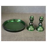 Green Glass 6.5" Plate & Candlestick Holders