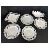 (5) Milk Glass Plates w/ Lace Edge Design