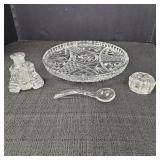 Vintage Glass Serving Dish, Bottle, Frog, & Spoon
