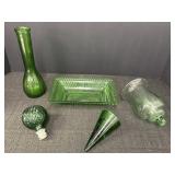 Variety of green glass items - vase, trinket dish,