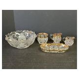 9" Glass Bowl, Tray, Creamers, & Sugar w/ Gold