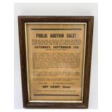 Vtg Framed Public Auction Sale Ad