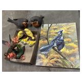 Vtg lithograph print of a blue jay & bird