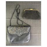 Black Satin & Beaded Purse w/ Rope Strap &