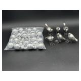 Variety of Sliver Glass Ornaments & Metal Birds