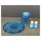 Aqua blue glass plate, sherbert glass, and salt &