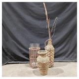 (3) Woven/Wicker Decor Vases with Metal or Glass