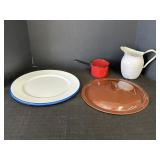 Enamelware- 2- 13" Trays, 11" Lid, Pitcher, Pot