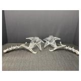 2 vtg clear glass lily reclining vases in tarnish