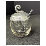 Lidded jam jar, glass w/hammered aluminum lid -