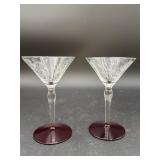 (2) Ruby Red Footed Crystal Cordial Glasses