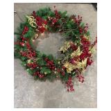 3ft lighted Christmas wreath w/red berries & gold