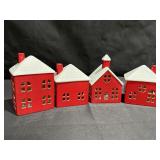 Set of 4 ceramic village houses w/flickering