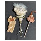 4 jesters/lady ornaments, 2 on sticks, longest is