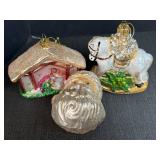 (3) Glass Ornaments - Nativity, Rocking Horse &