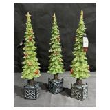 3 glittered resin Christmas tree figurines, 15in.