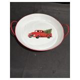 12in round, painted metal serving tray featuring
