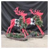 (2) Wooden Reindeer Rocker Decor w/ Art.